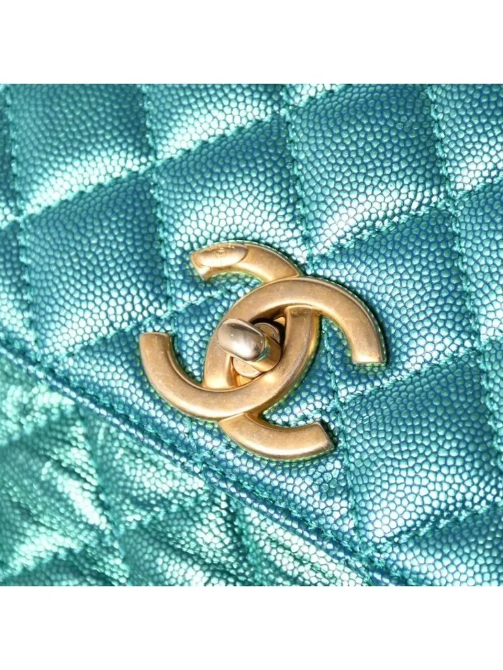 Chanel Coco Handle 29 2-Way Bag CC Logo Caviar Leather Metallic Green Gold